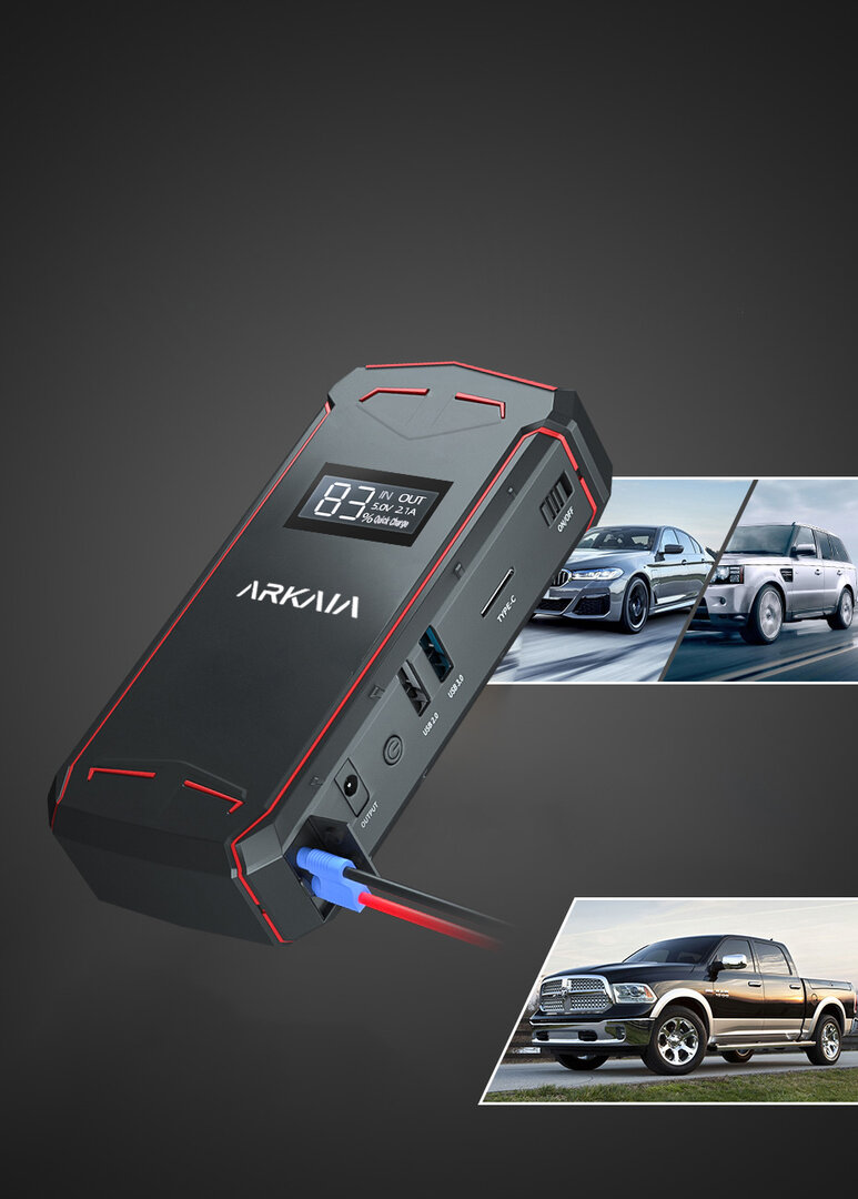 ARKAIA&reg; 3-in-1 Jump Starter met Powerbank - Jumpstarter - Starthulp met 12V Accu Lader voor Auto, Motor, Scooter, Boot - USB 5V/2.4A Poort - Draagtas - Rood/Zwart - 8000mAh