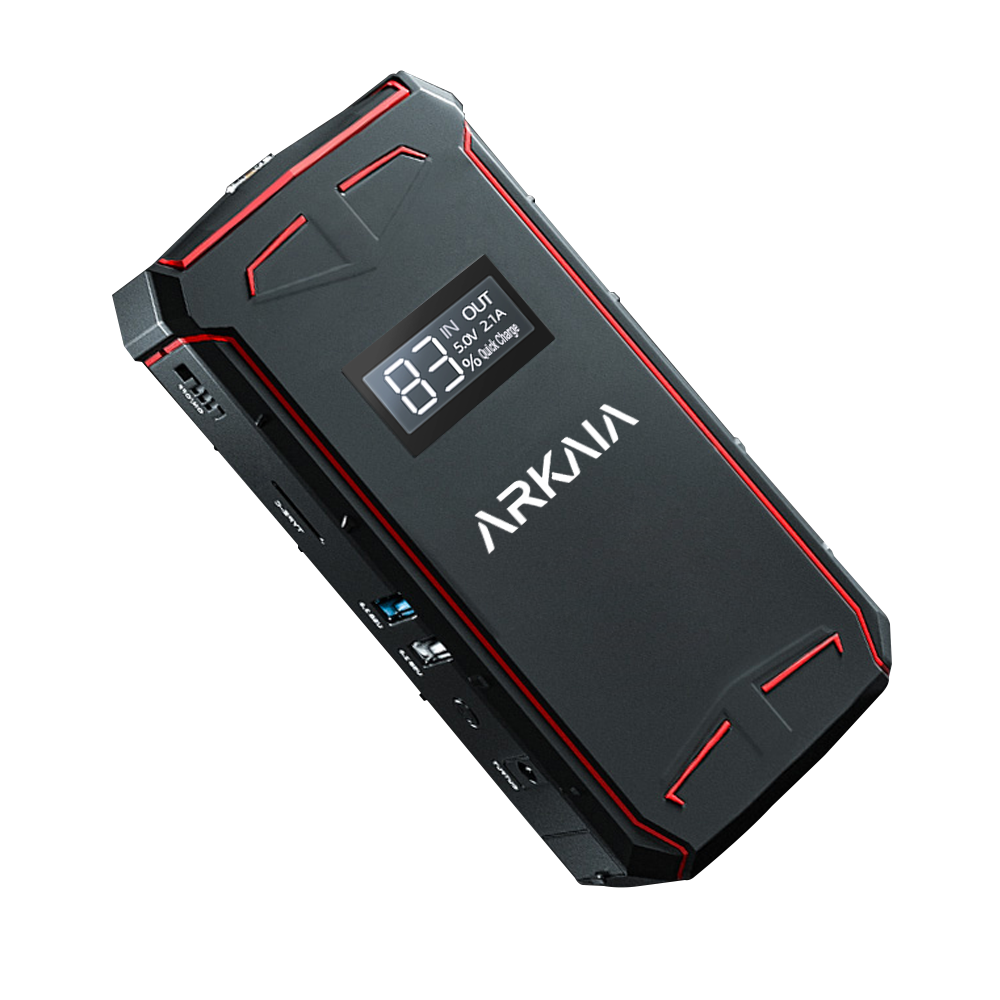 ARKAIA&reg; 3-in-1 Jump Starter met Powerbank - Jumpstarter - Starthulp met 12V Accu Lader voor Auto, Motor, Scooter, Boot - USB 5V/2.4A Poort - Draagtas - Rood/Zwart - 8000mAh