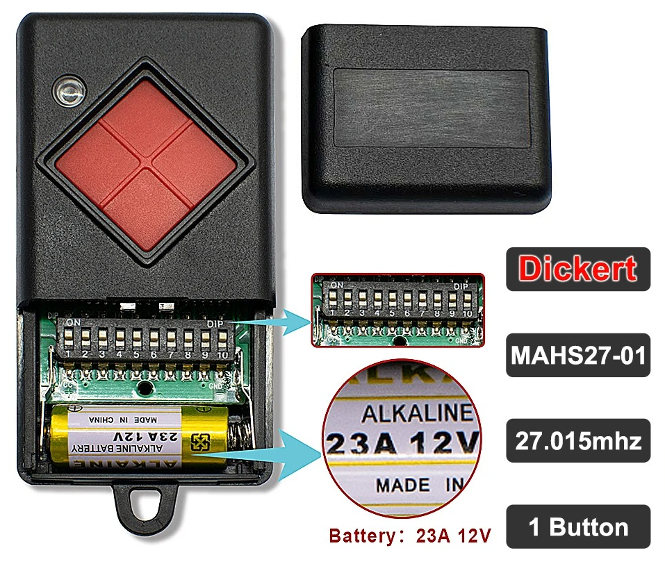 Vervangende Dickert MAHS27-01 handzender - 1 toets - 27,015MHz