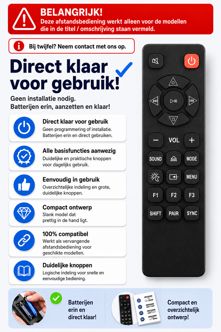 Vervangende afstandsbediening voor Panasonic SC-HC38PU-K | SC-HC38PU-S