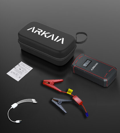 ARKAIA® 3-in-1 Jump Starter met Powerbank - Jumpstarter - Starthulp met 12V Accu Lader voor Auto, Motor, Scooter, Boot - USB 5V/2.4A Poort - Draagtas - Rood/Zwart - 8000mAh